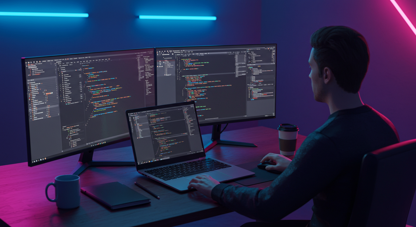 Ilustración de un desarrollador creando código